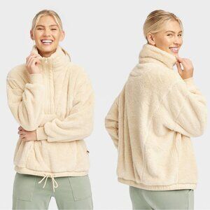 Medium - Womens High Pile Fleece 1/2 Zip Pullover - JoyLab - Ivory